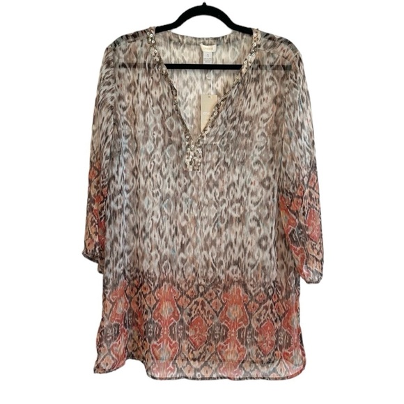 NWT Chico’s embellished semi sheer v-neck tunic 3/4 sleeves super cute pattern - Picture 1 of 9